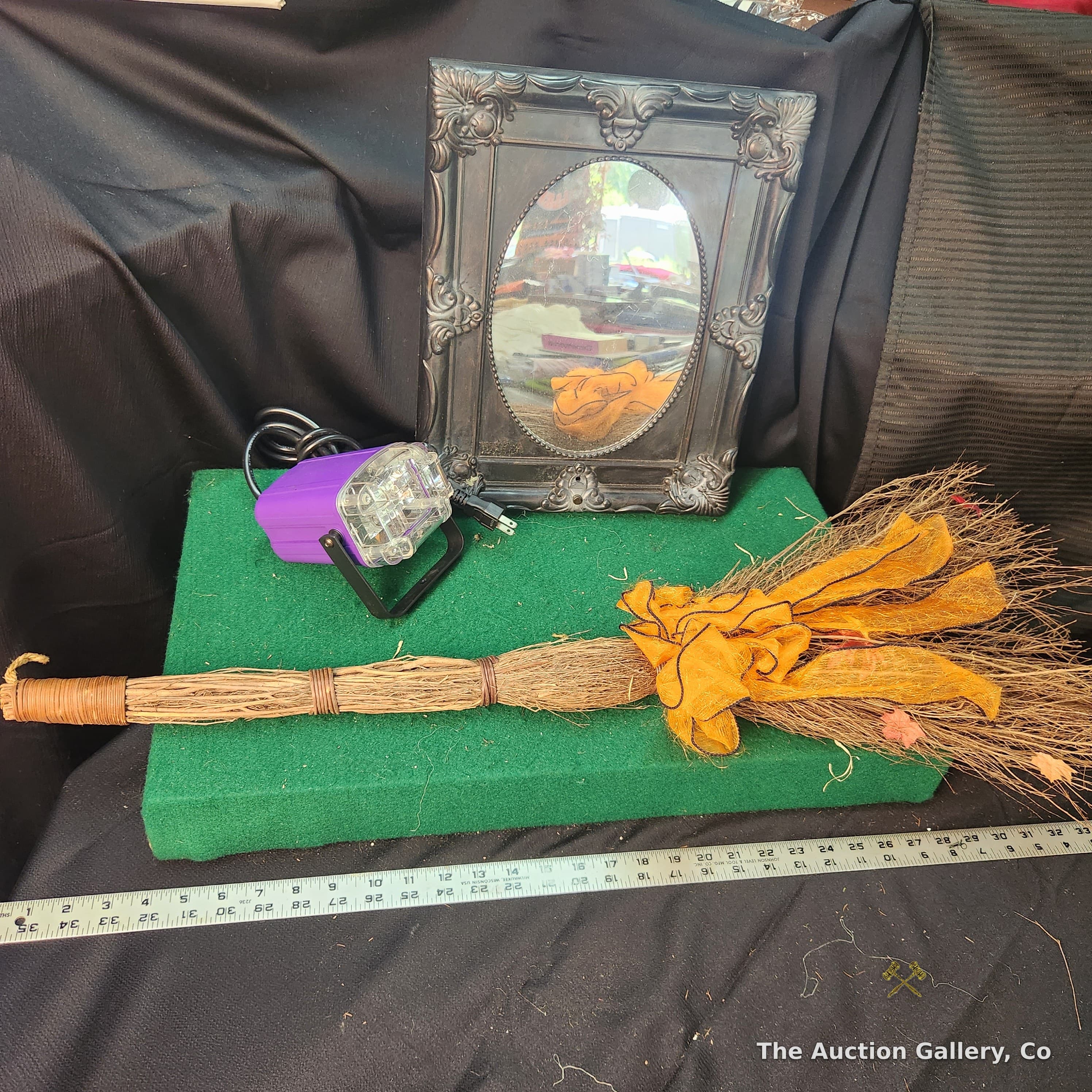 Halloween Lot โ Witch Broom, Strobe Light, Ornate Frame Mirror