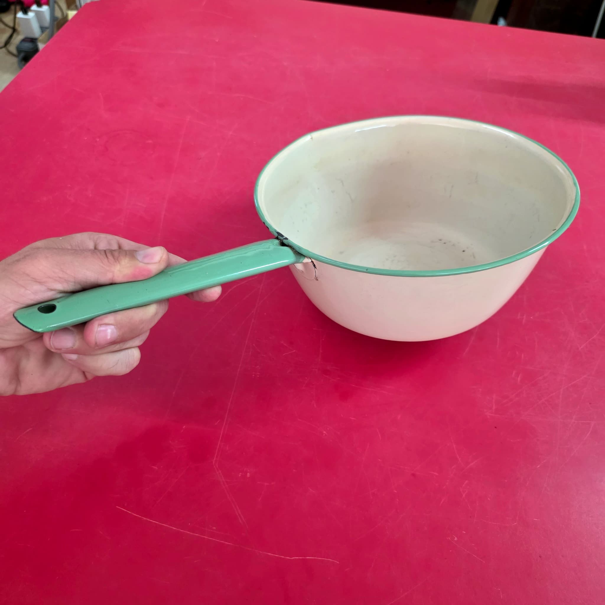 Vintage Green & White Enamelware Saucepan, 9.75"