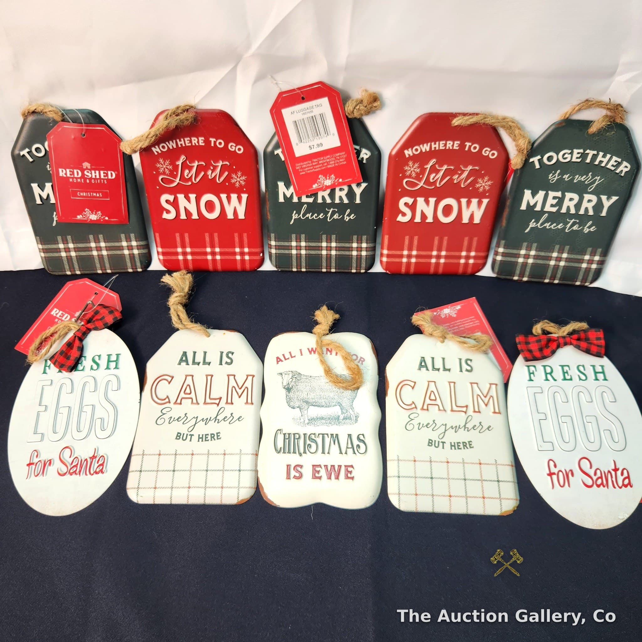 Red Shed Metal Christmas Ornament Signs, Set of 10, New with Tags