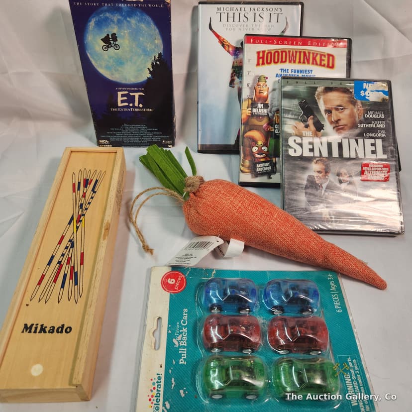 Mixed Lot β DVDs, VHS, Mikado Game, Pull-Back Cars & Easter Decor