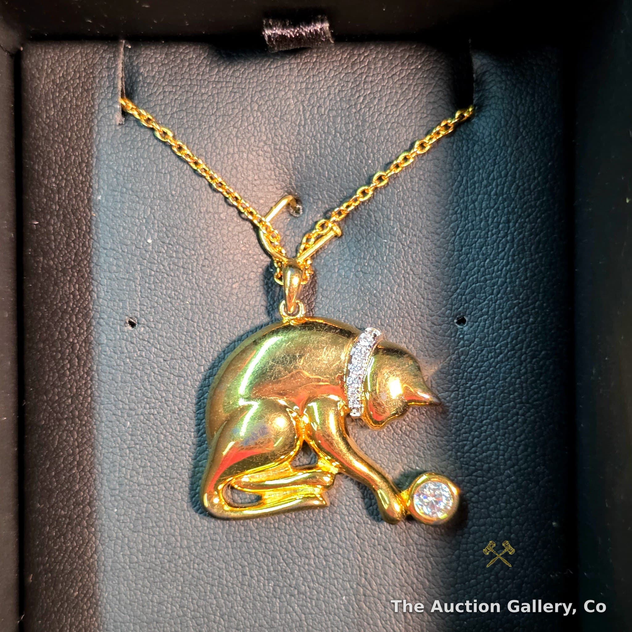 Daniel Steiber Gold-Tone Cat Pendant Necklace with Crystal Accents