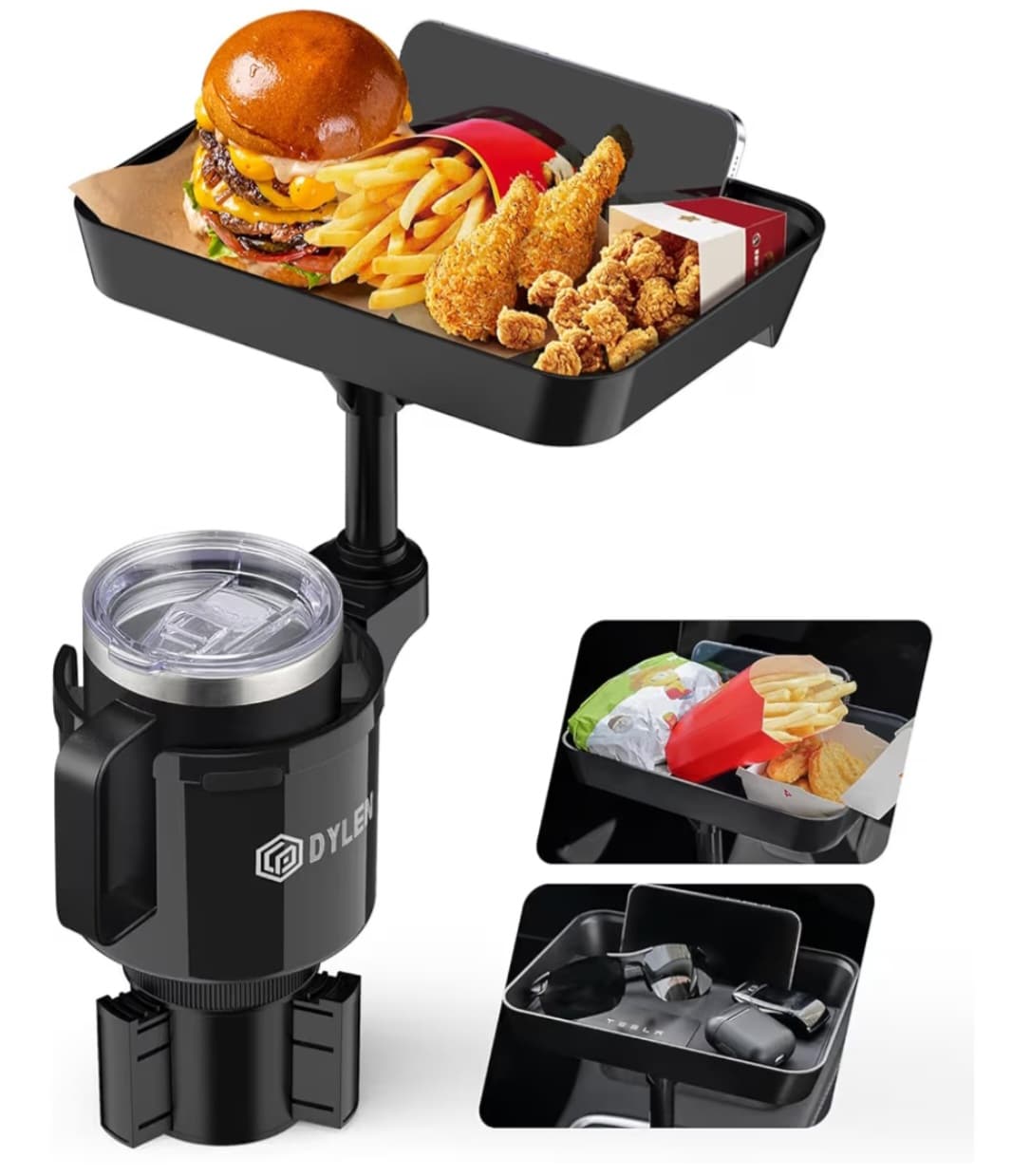 Car Cup Holder Tray, 9.5βDetachable Car Food Tray Table for Eating - Fits Owala, Yeti, Large Bottles 16-46 oz