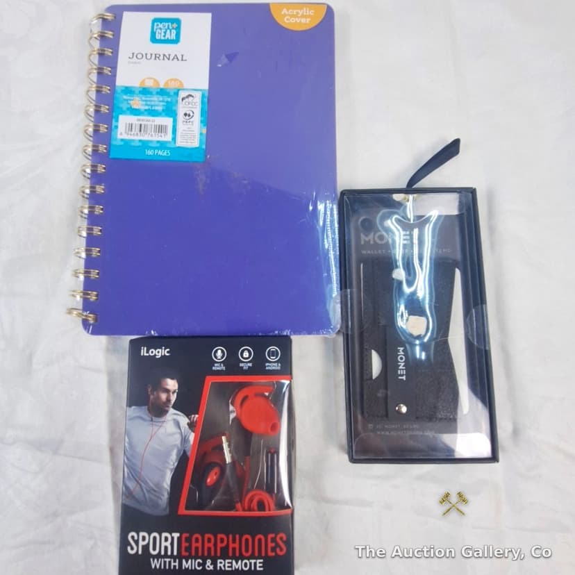 Mixed Lot of 3: Journal, Sport Earphones, Phone Grip