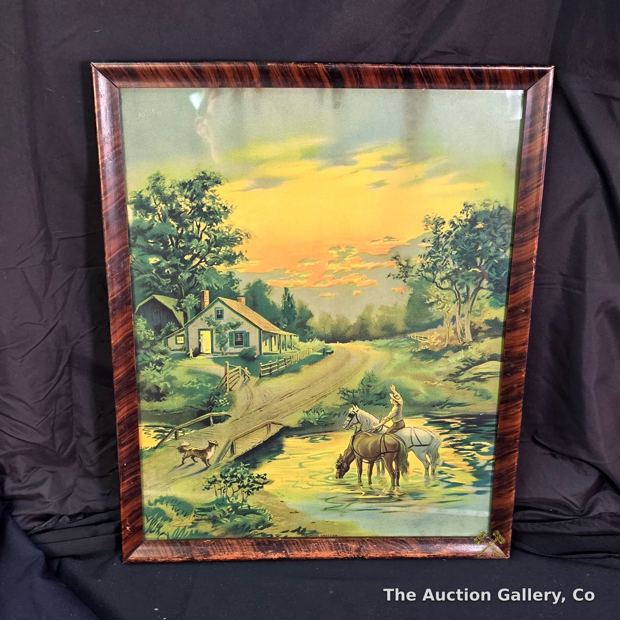 "The Home Greeting" Antique Chromolithograph Print, Framed