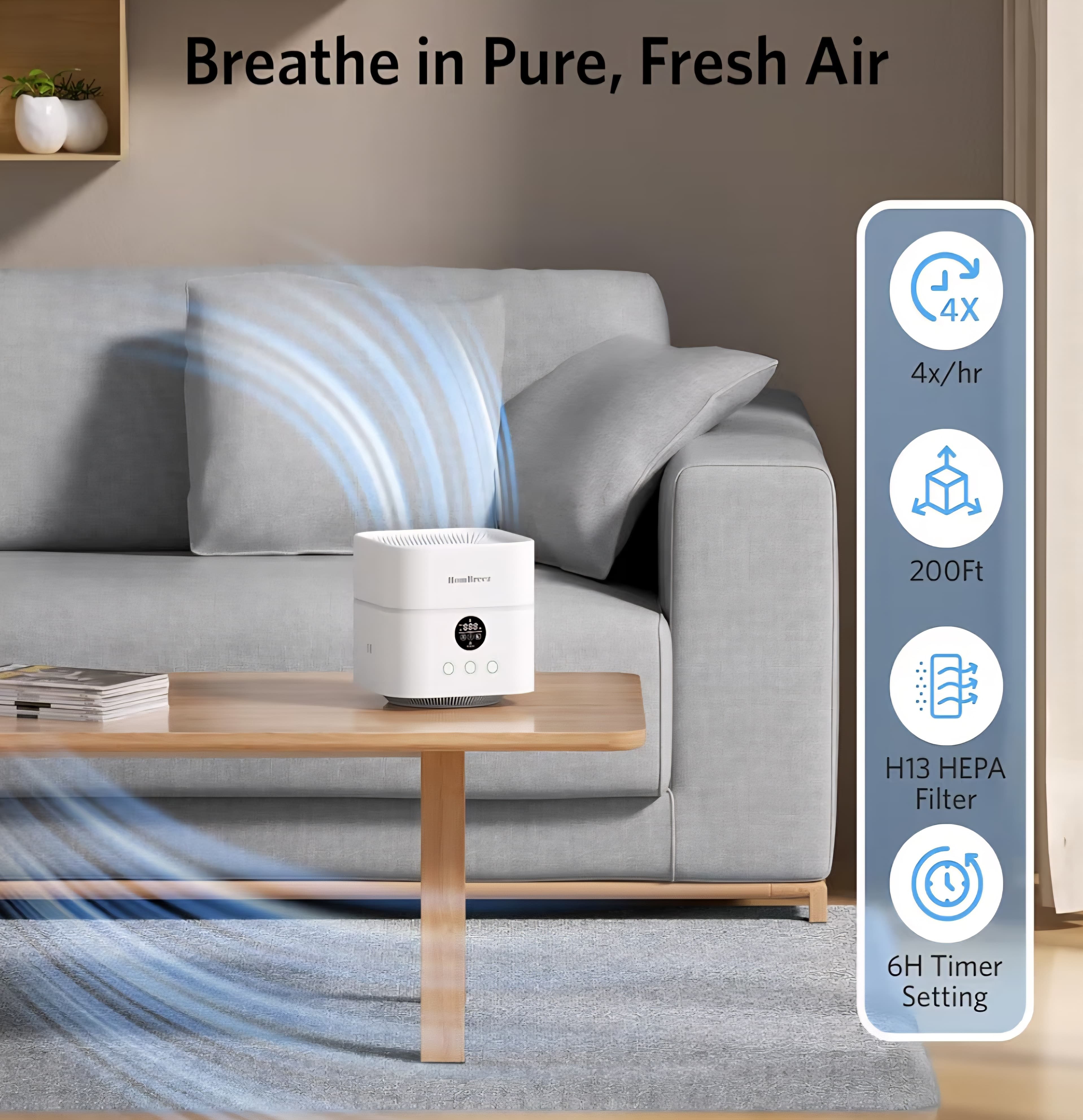 HomBreez Air Purifier & Humidifier, 400Ml Water Tank, Cool Mist, Essential Oil Diffuser