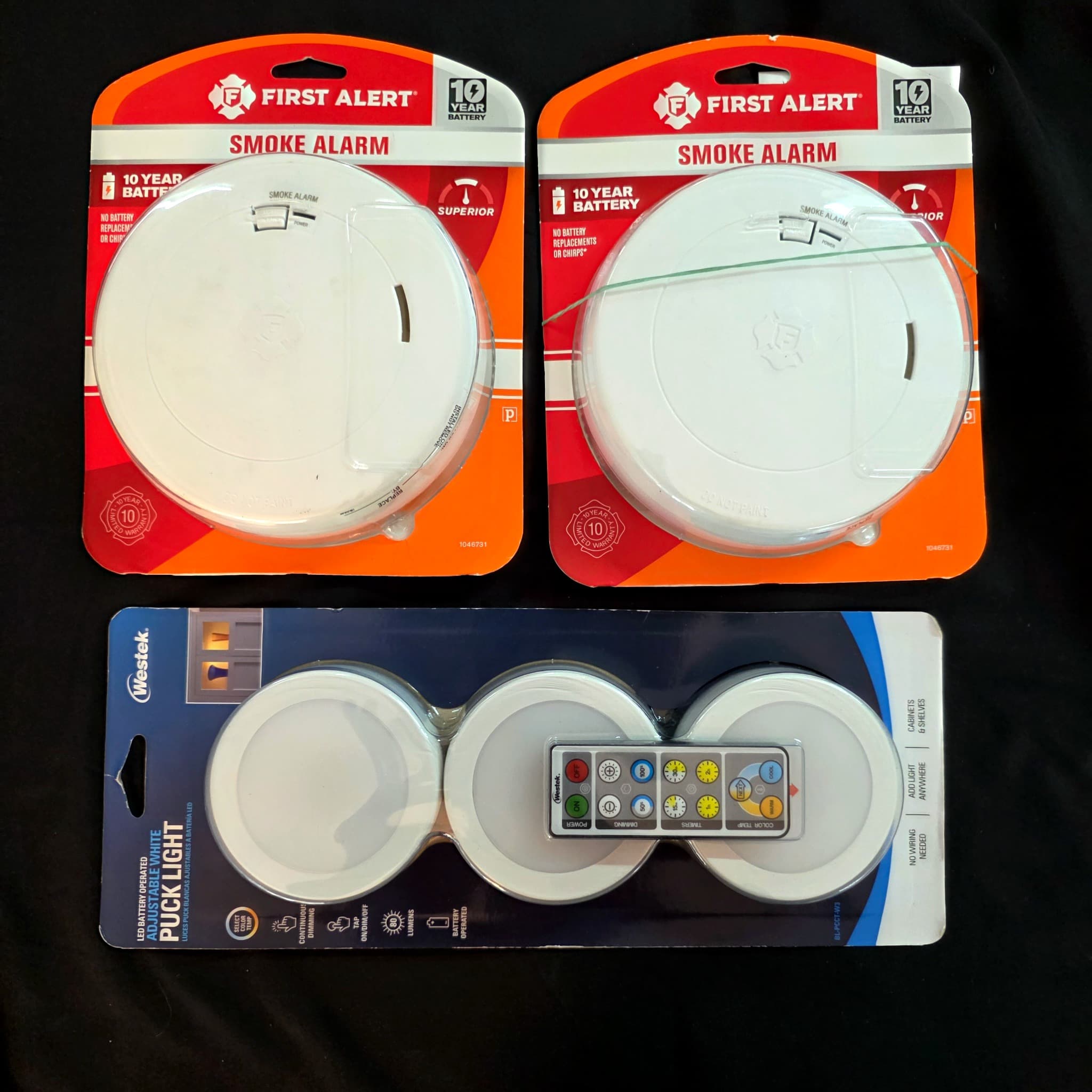 First Alert Smoke Alarms & Westek LED Puck Lights, 3-Piece Lot