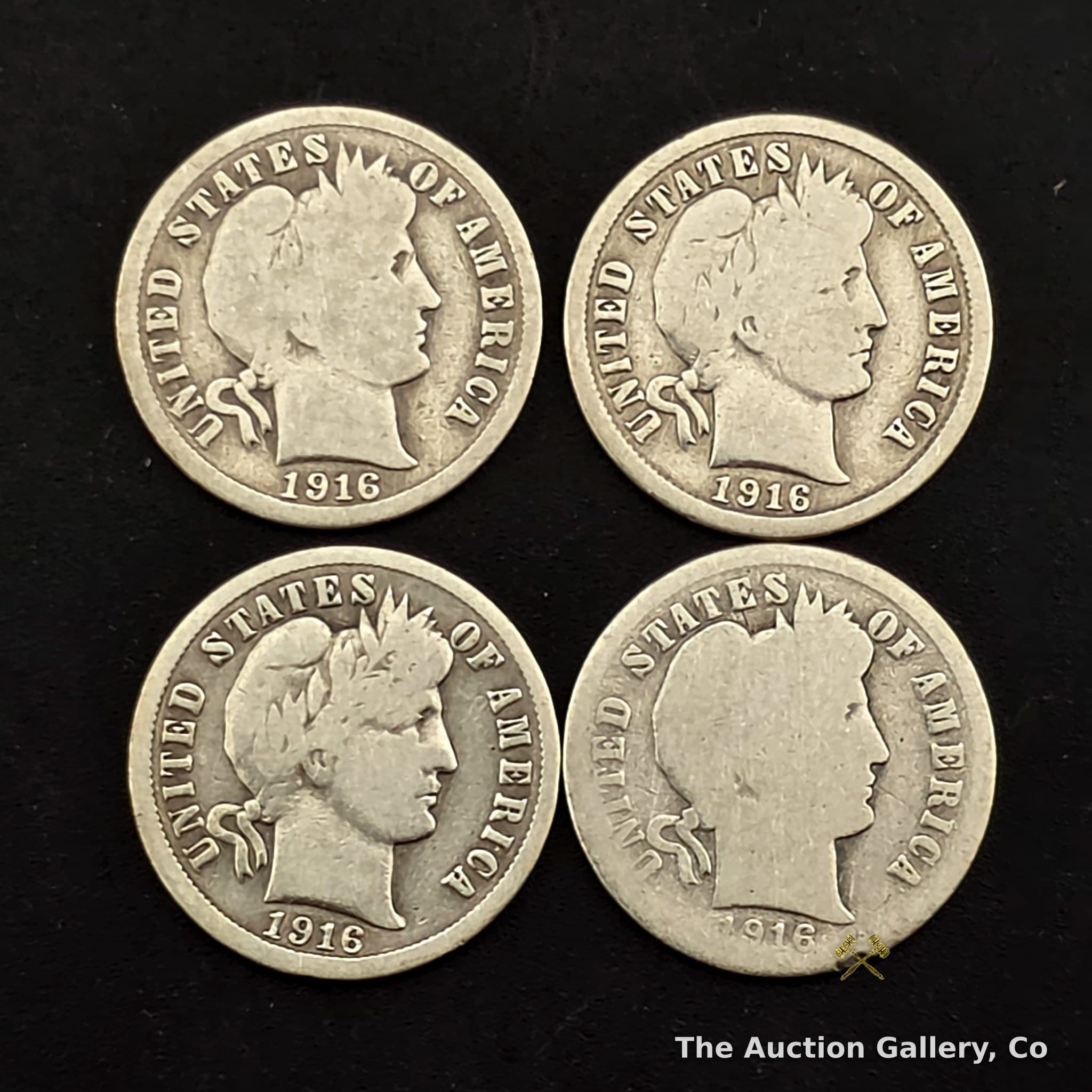 1916 Barber Silver Dimes, Lot of 4, 90% Silver
