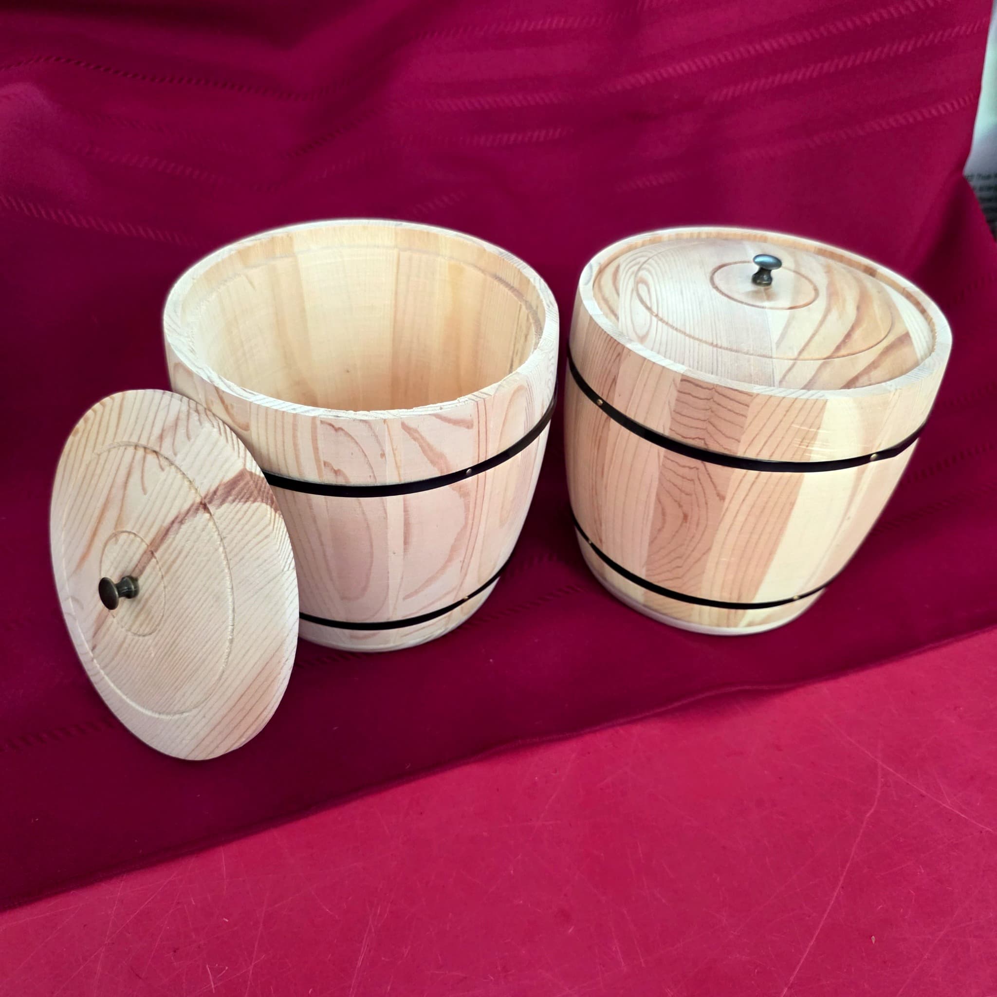 Set of 2 Wooden Barrel-Style Lidded Canisters, 5.5" Tall