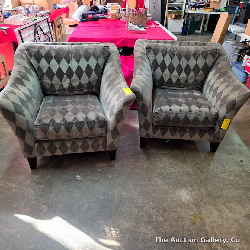 Pair of Gray Harlequin-Upholstered Club Chairs