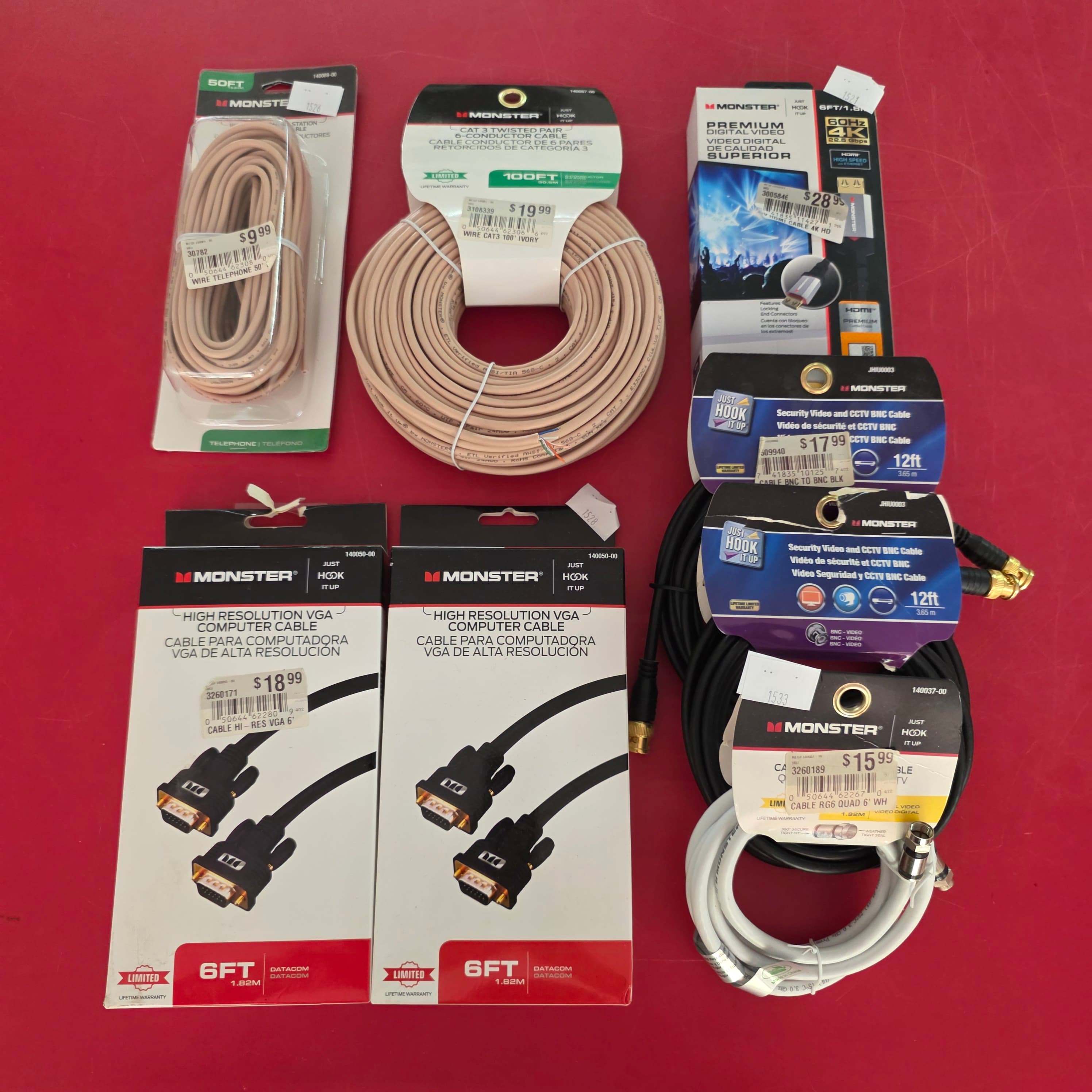 Monster Cable Lot of 8 โ HDMI, VGA, BNC, Coax, Telephone, CAT3