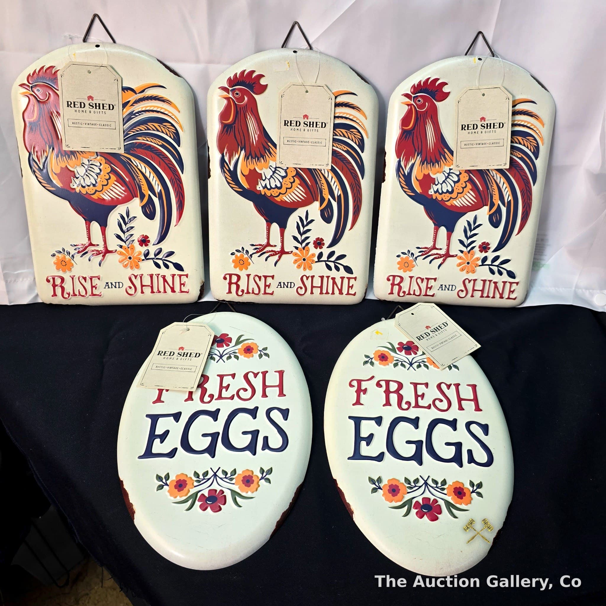 Red Shed Rooster Metal Wall Signs, Set of 5, New