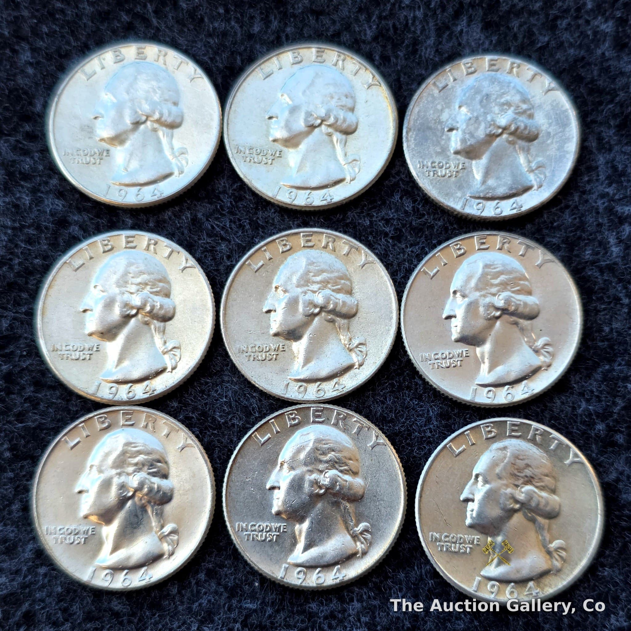 1964 Washington Silver Quarters, 90% Silver, Lot of 9