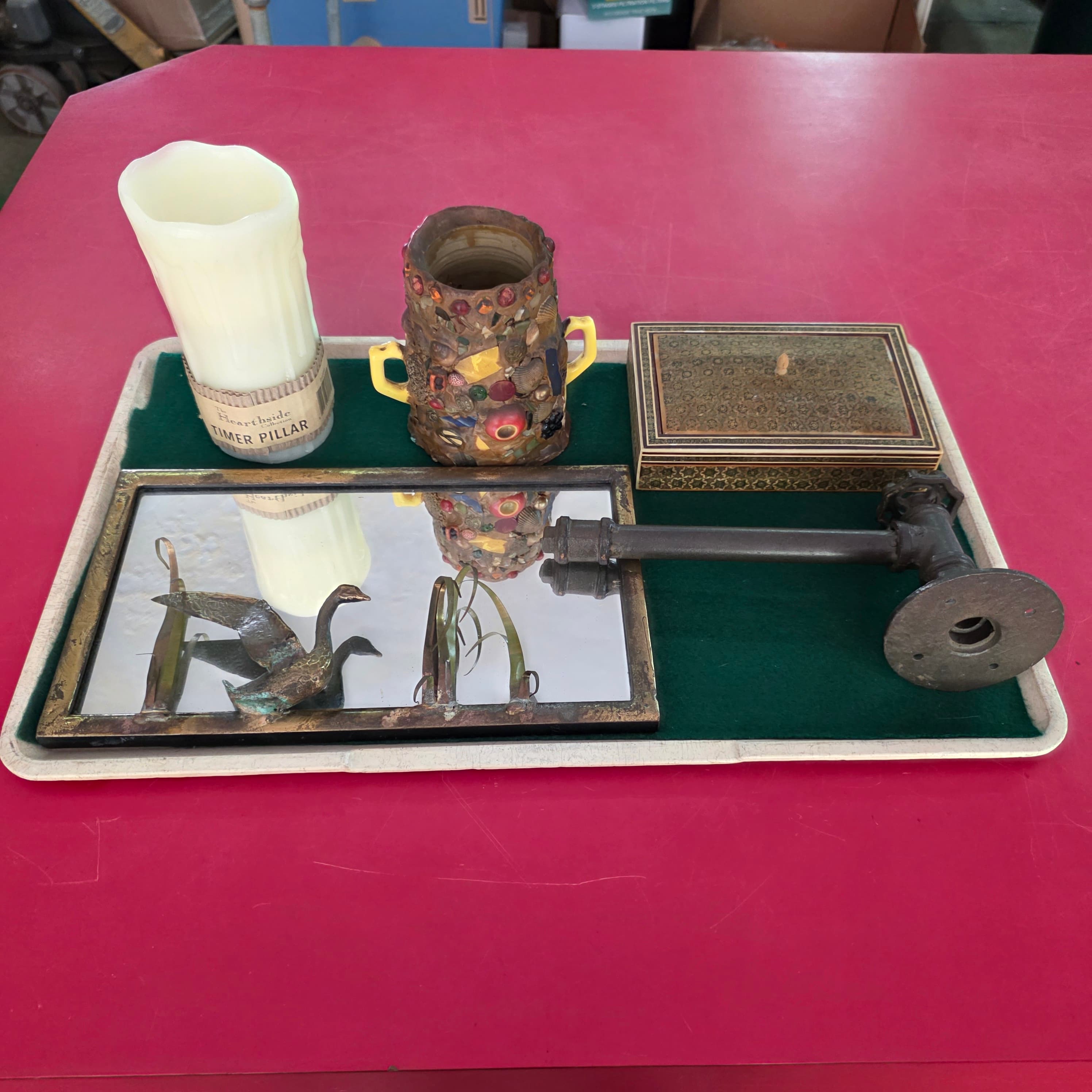 Mixed Lot: Flameless Candle, Trinket Box, Art Vessel, Mirror, Pipe Hook