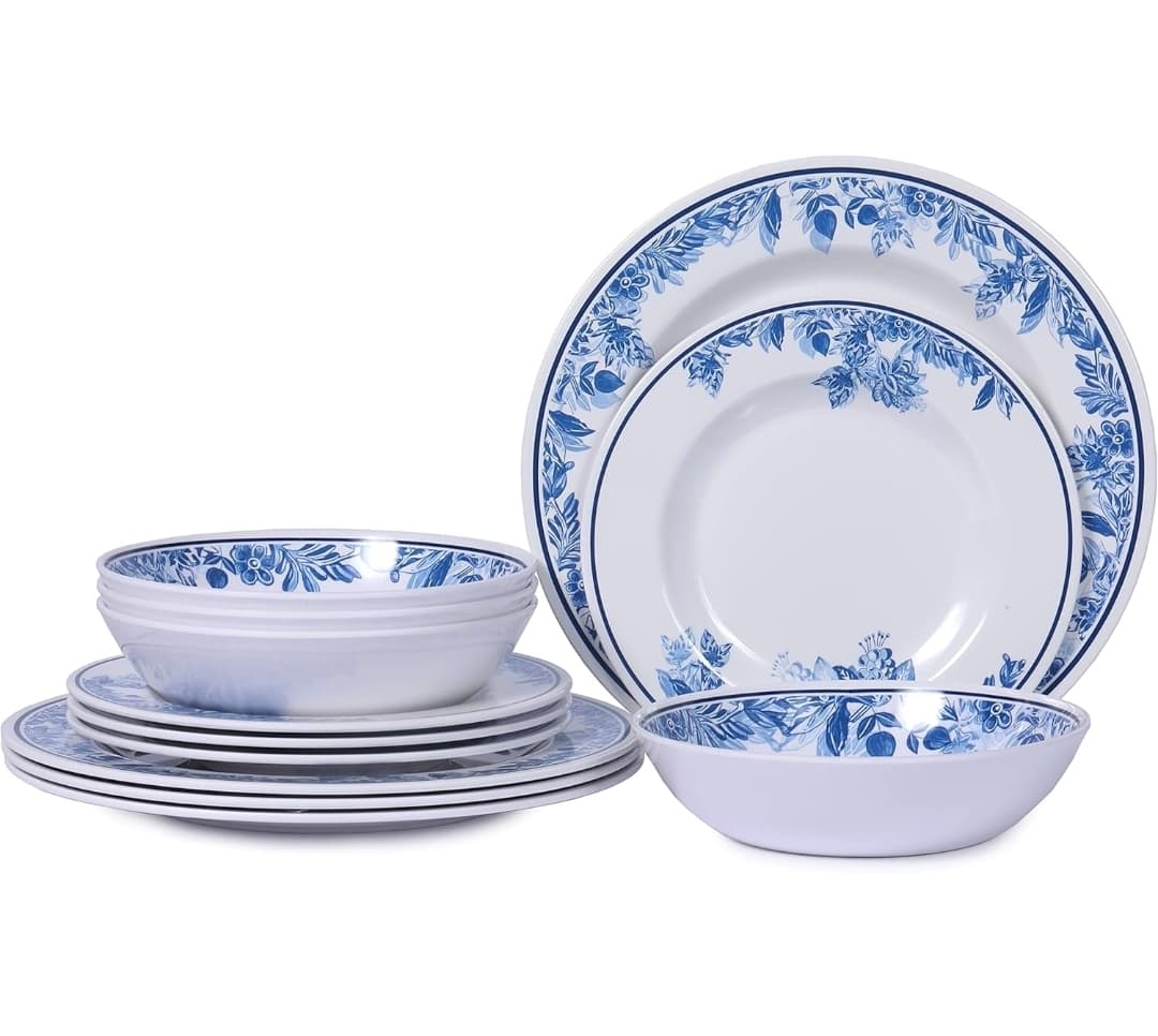Melamine Dinnerware Sets-12pcs Floral Dinnerware Set Service for 4, Blue White Plates and Bowls Sets, Dishwasher Safe, Break-resistant, Outdoor Camping Picnics Use, Reusable, Traditional Flower