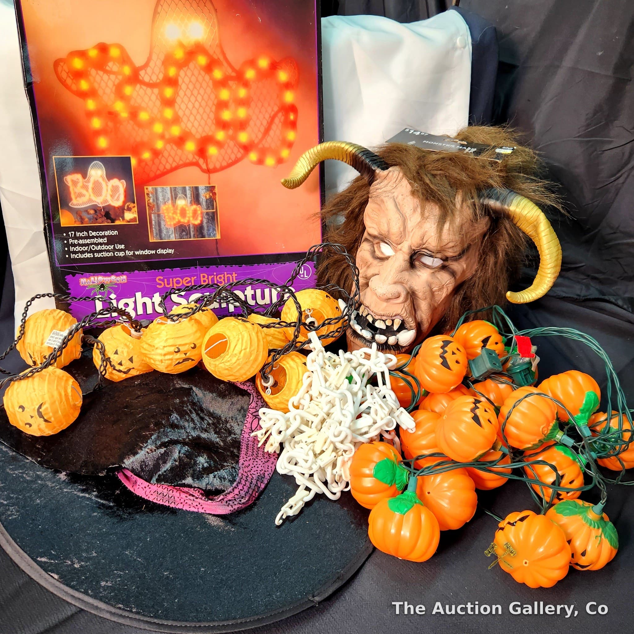Halloween Lot โ Mask, 2 Pumpkin String Lights, BOO Sign, Witch Hat