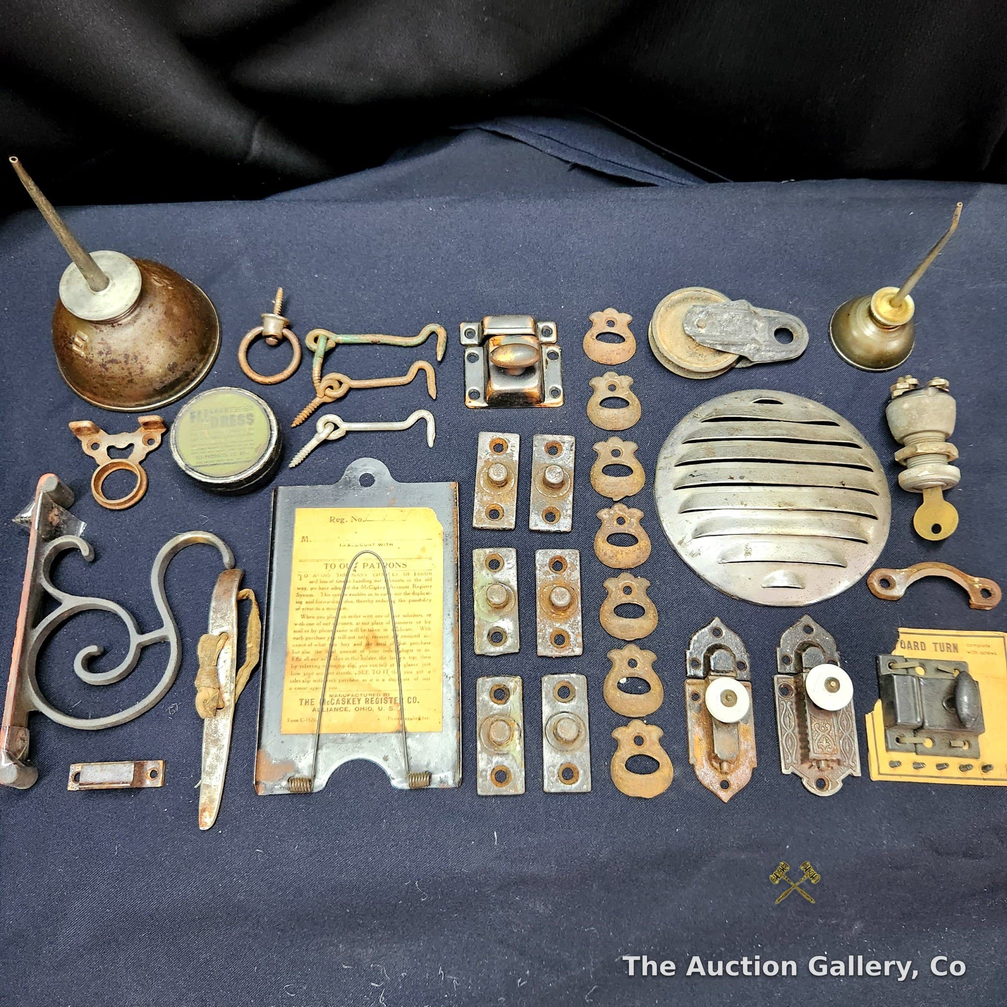 Antique Hardware Lot โ Oil Cans, Escutcheons, Latches, McCaskey Holder