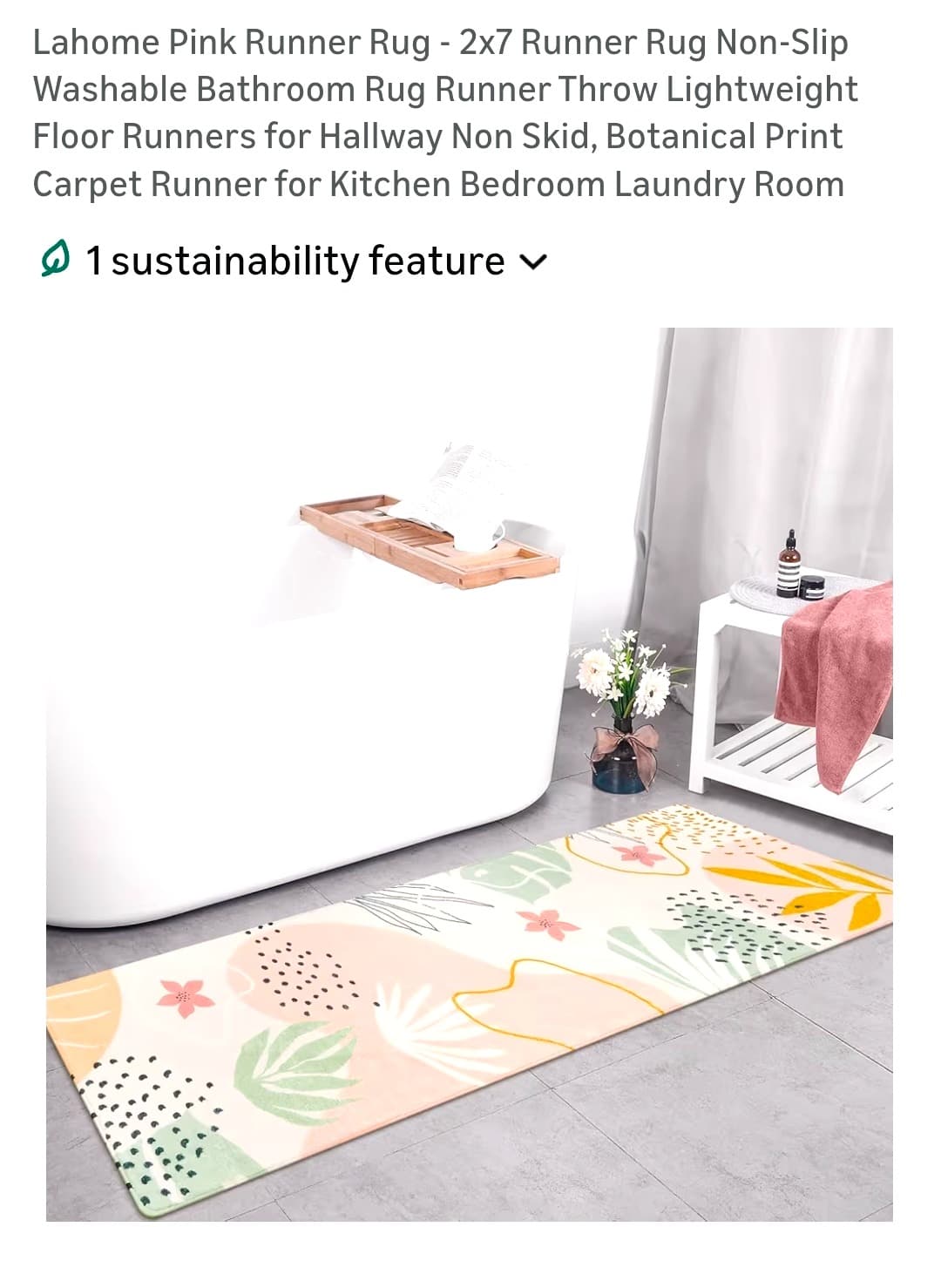 Lahome Botanical Print Pink Runner Rug, 2x7, New