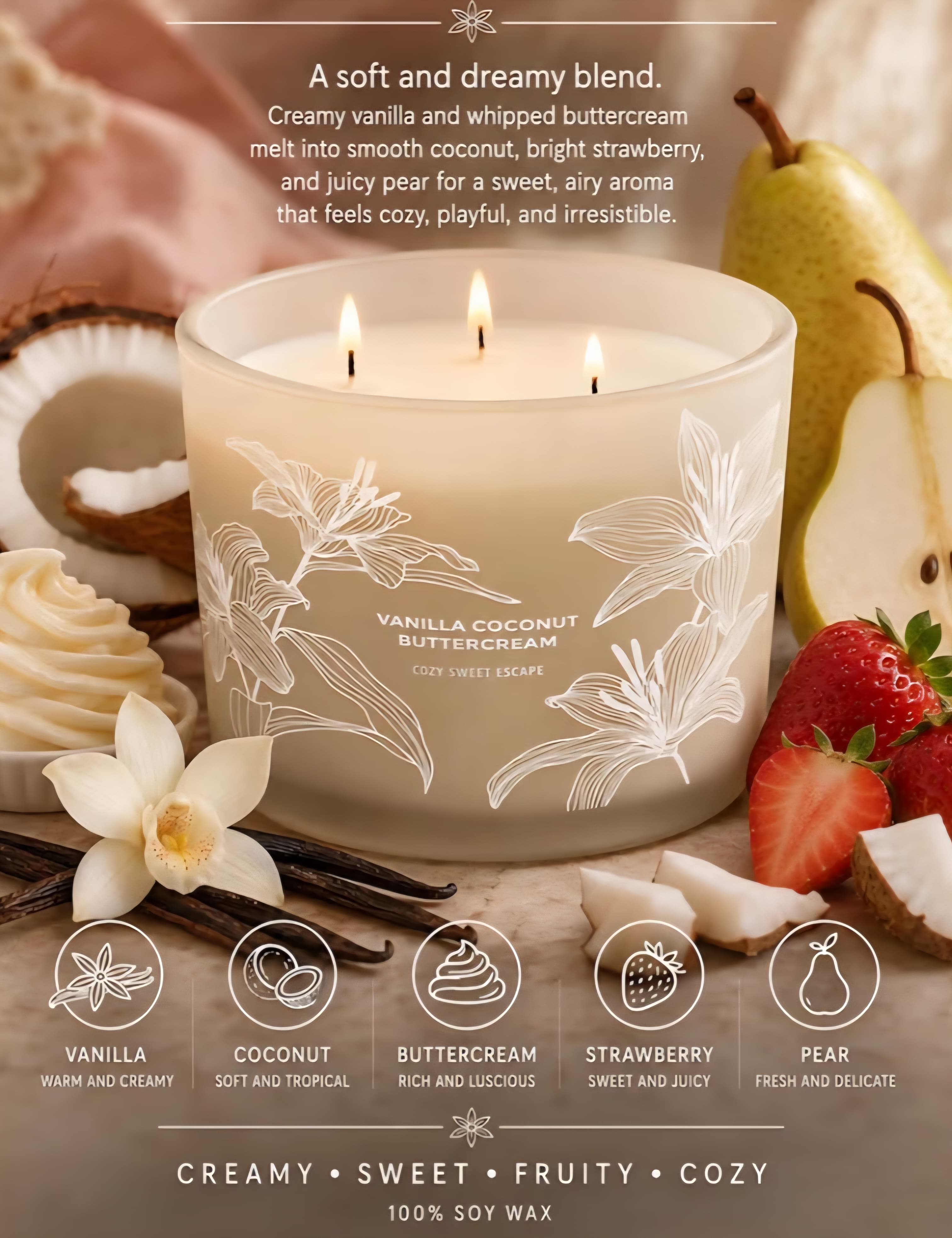 Vanilla Coconut Buttercream Aromatherapy Candle | Large 3 Wick Scented Soy Candle for Home | 14.5oz | Long Lasting Clean Burn