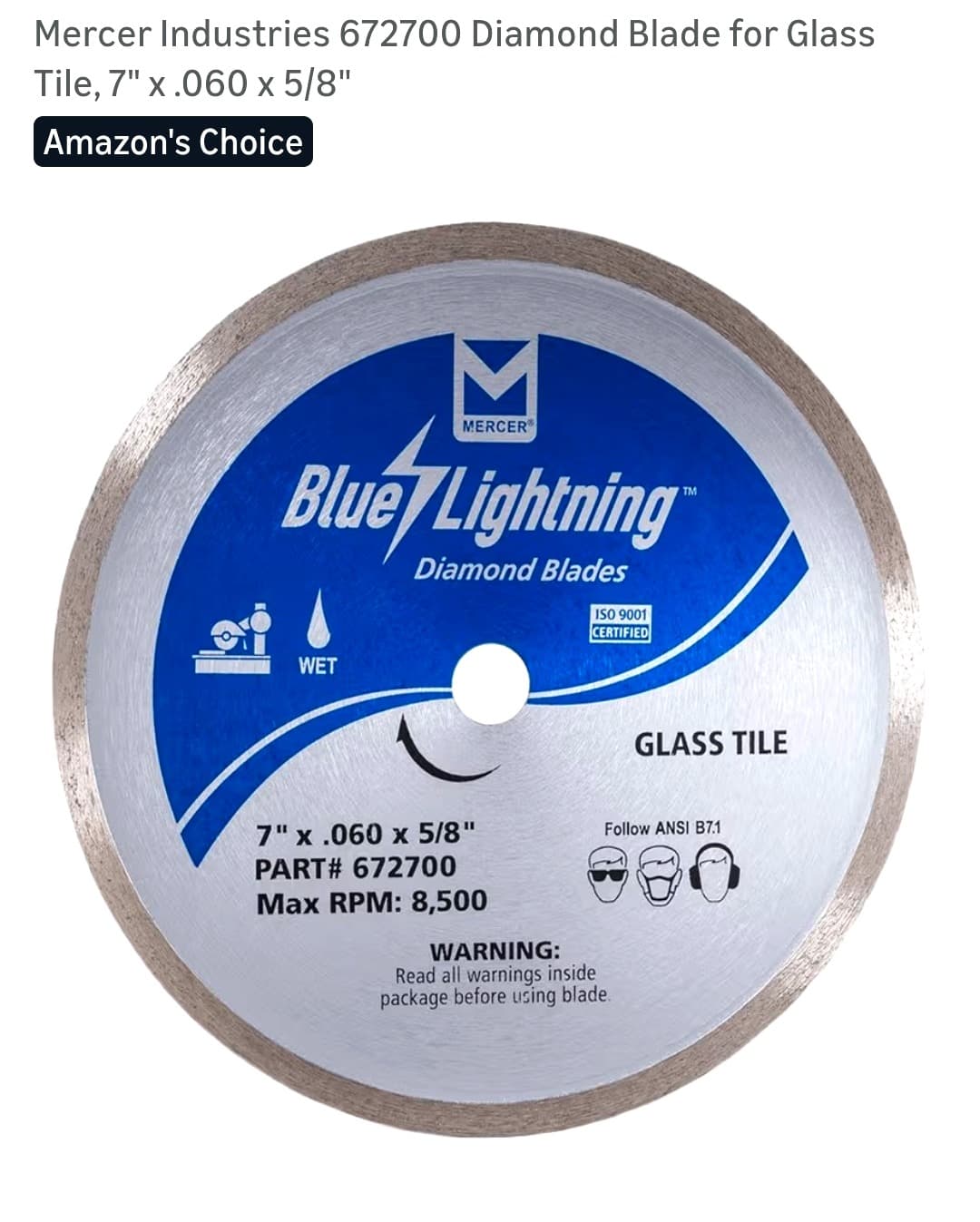 Mercer Blue Lightning 7" Diamond Blade, Glass Tile, New