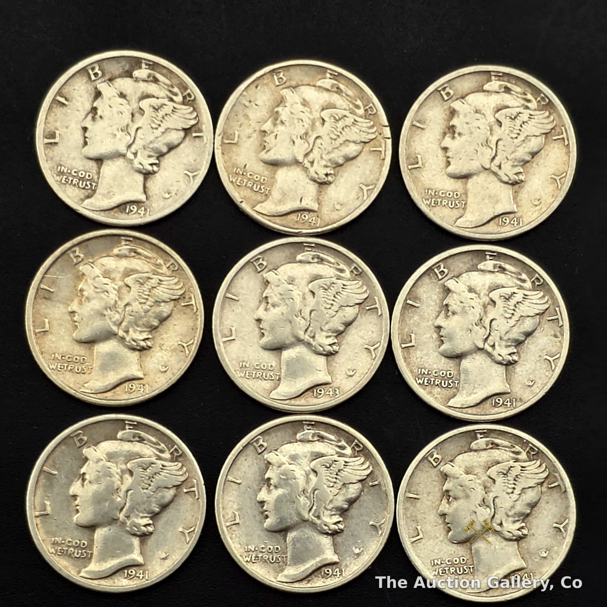 1941โ1943 Mercury (Winged Liberty) Dimes, 90% Silver, Lot of 9