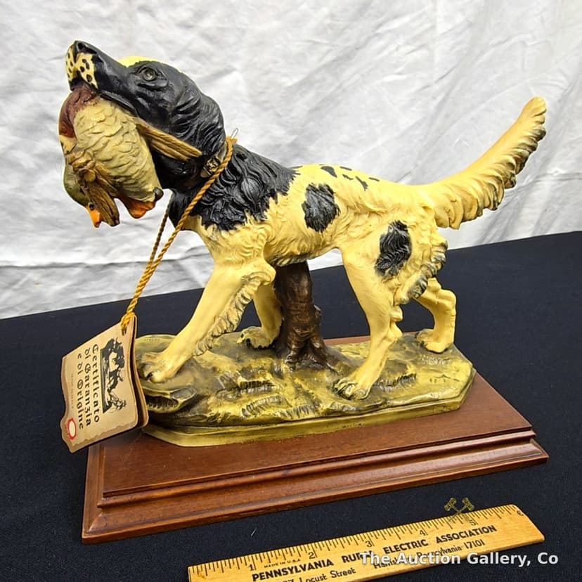 A. Santini Capodimonte Hunting Dog with Bird Figurine