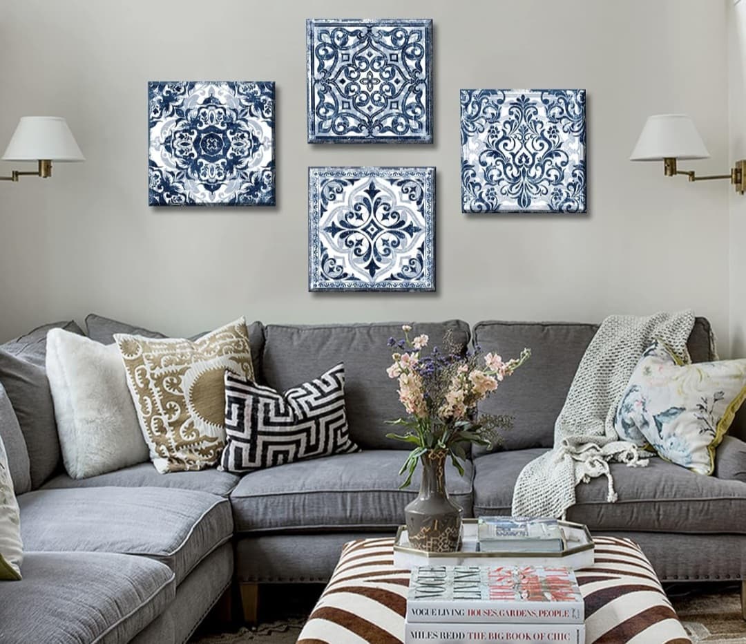 4pc Navy Blue Flower on Canvas (12x12)