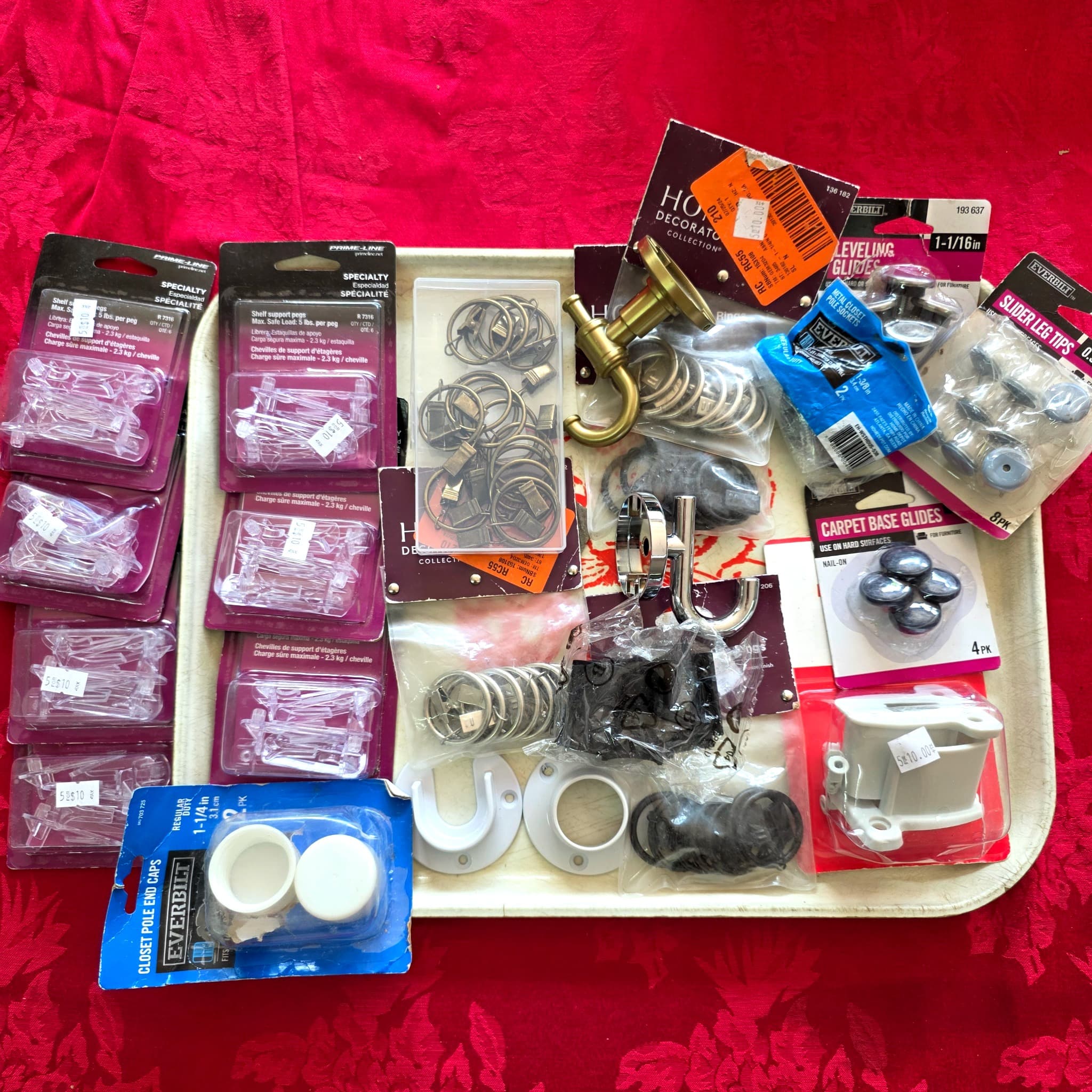 Mixed Hardware Lot โ Shelf Pegs, Curtain Rings, Glides & More