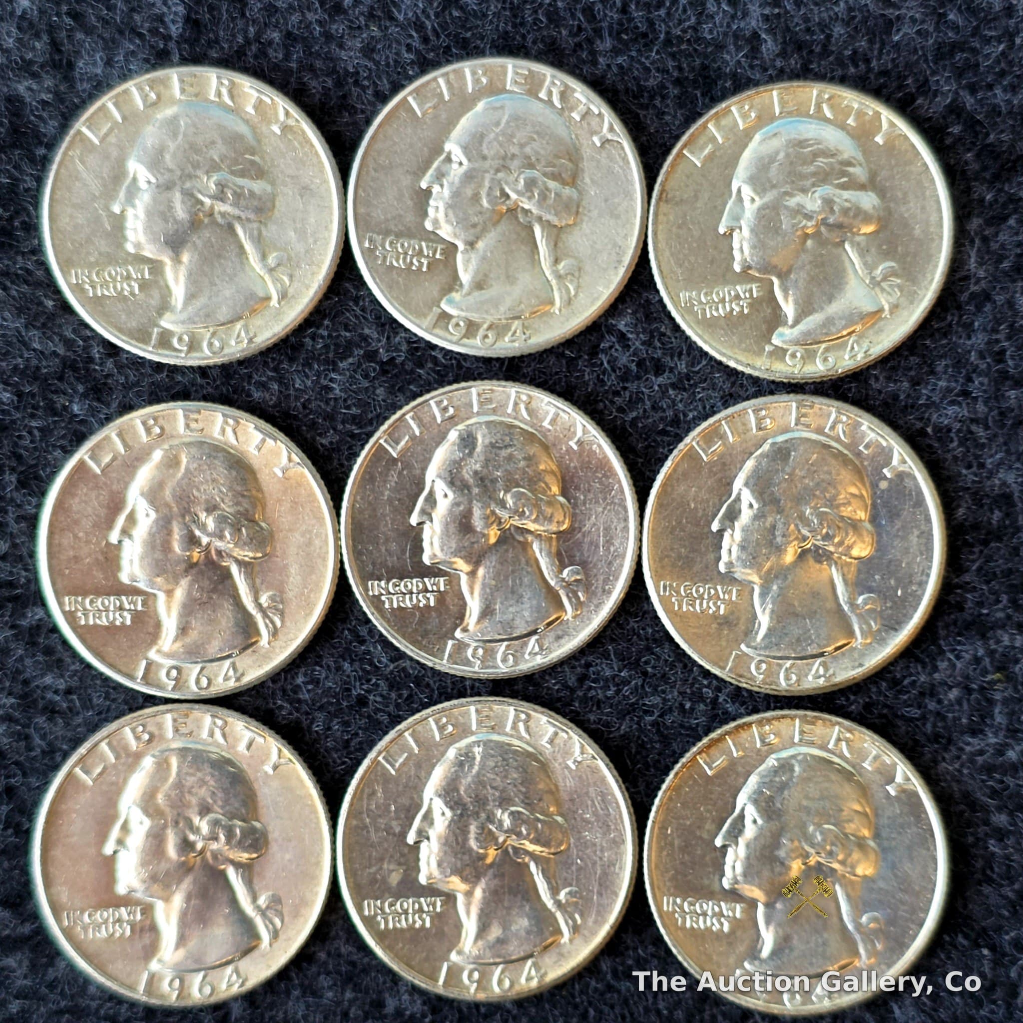 1964 Washington Silver Quarters, Lot of 9, 90% Silver