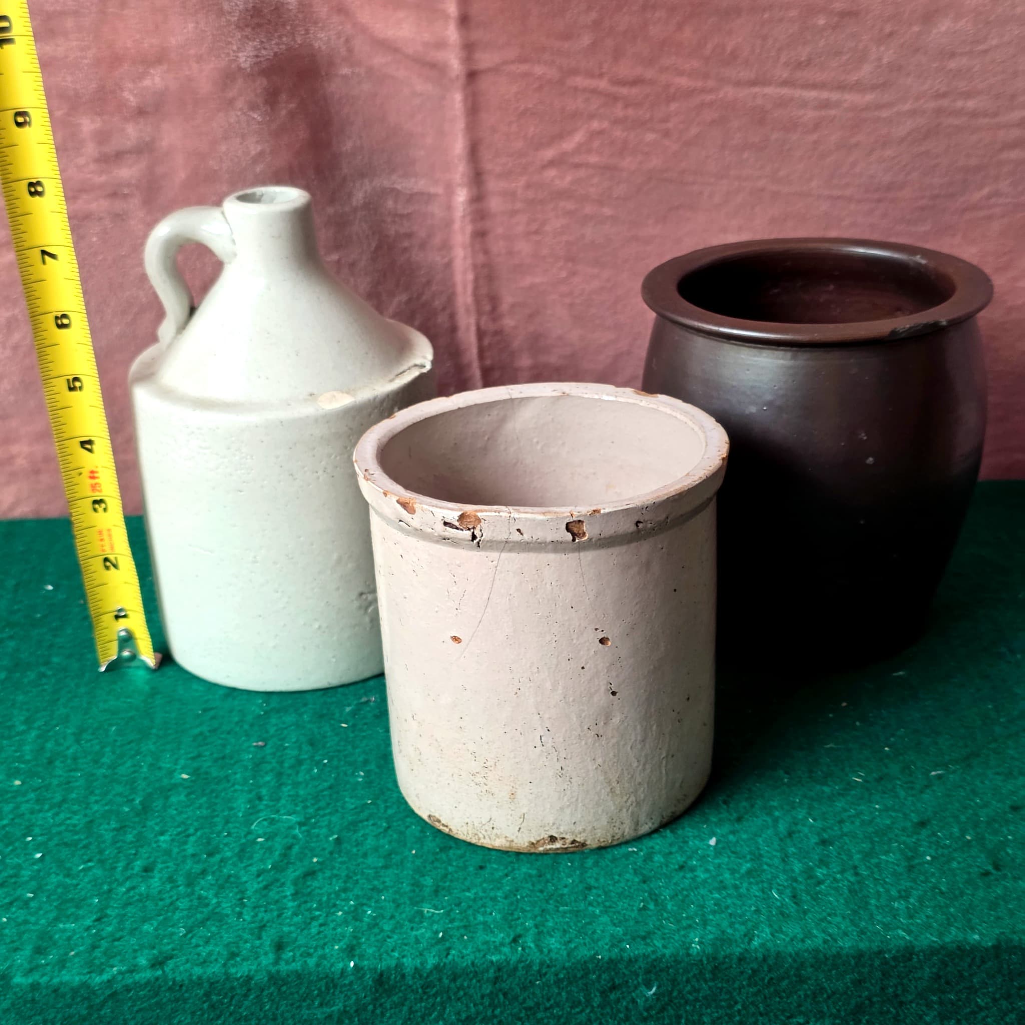 Antique Stoneware Lot — Jug and Two Crocks, 3 Pieces