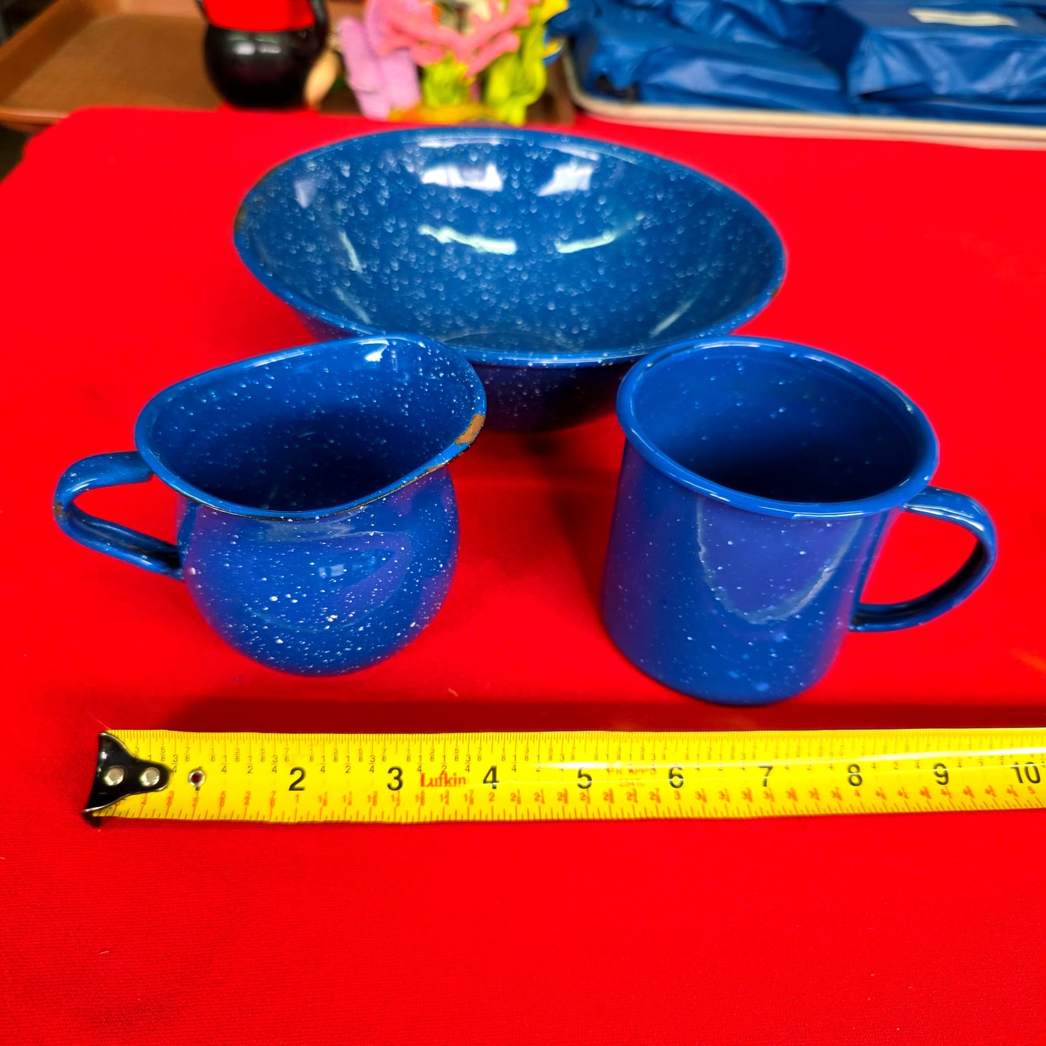 Blue Speckled Enamelware Set โ Vintage Bowl, Creamer & Mug