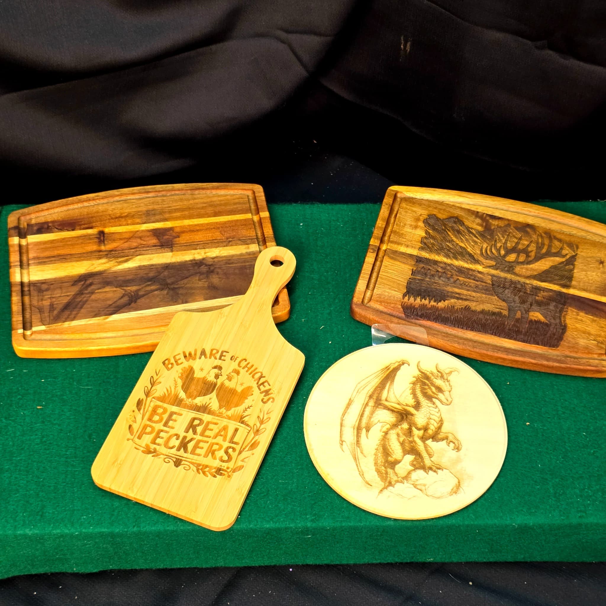 Hand Burnt Wood Cutting Boards & Wall Hanger, Set of 4