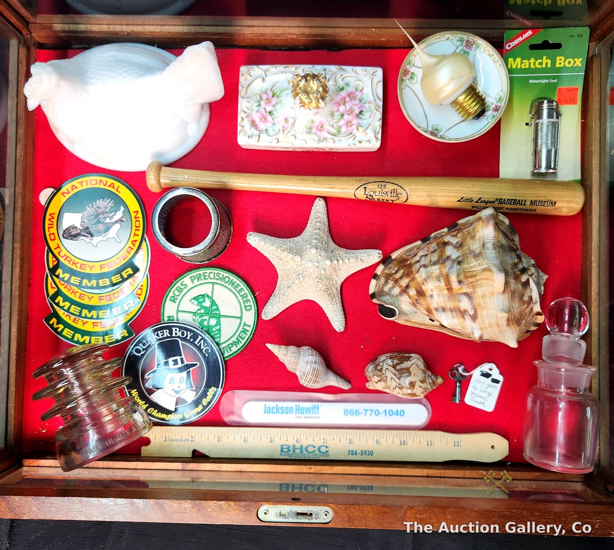 Mixed Lot โ Milk Glass Hen, Mini Louisville Slugger, Shells, Patches & More