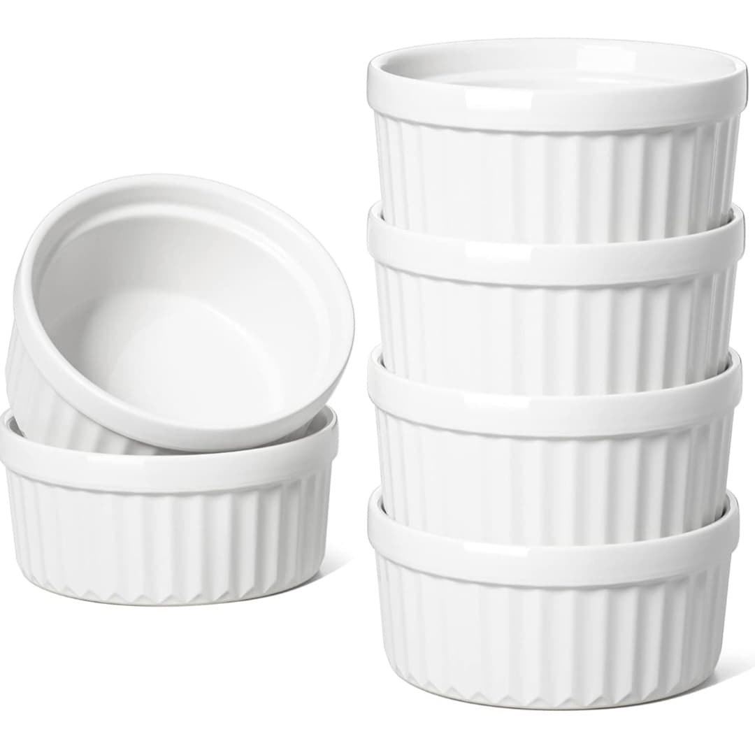 (6pc) Ramekins 4 OZ Oven Safe, Creme Brulee.Dipping Sauce Dishes - Ceramic Bowls Set of 6, White