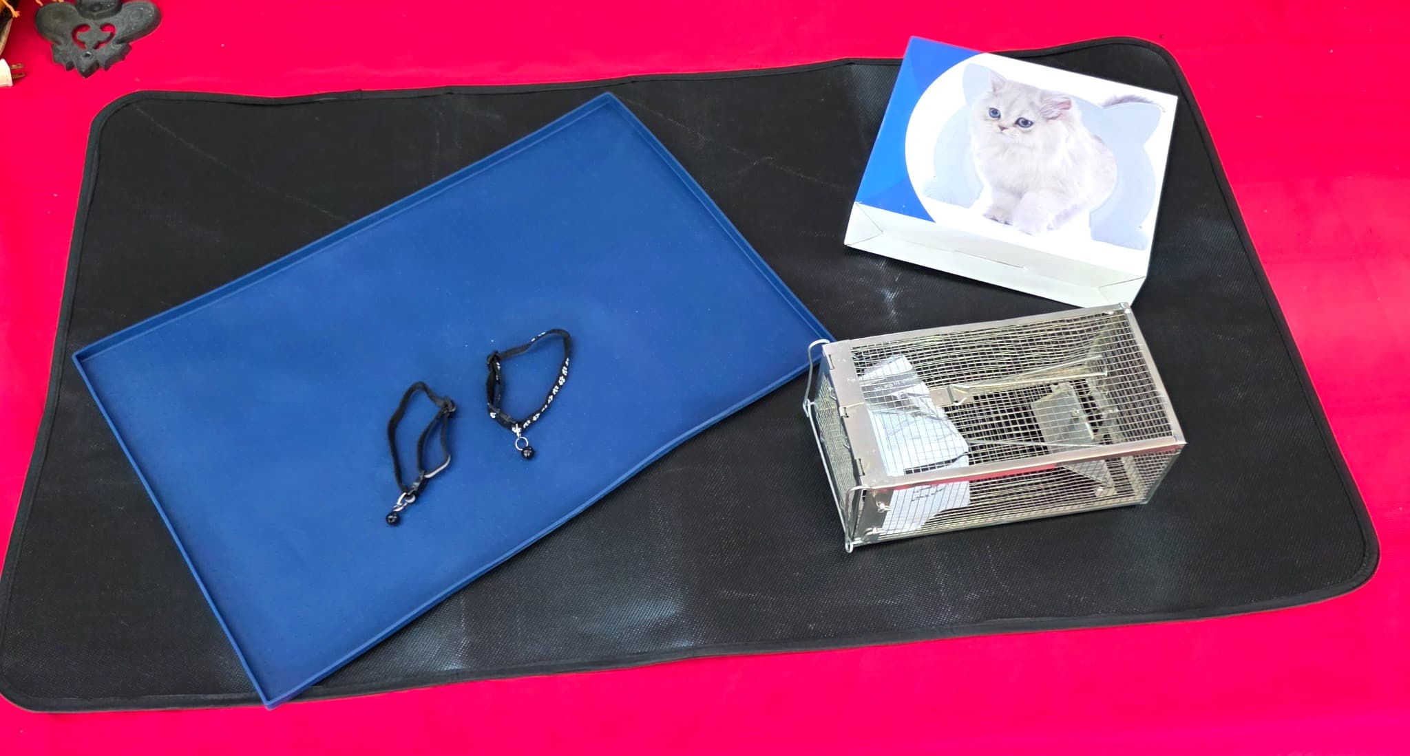Pet Supplies Lot — Mat, Crate, Collars, Trap, Door