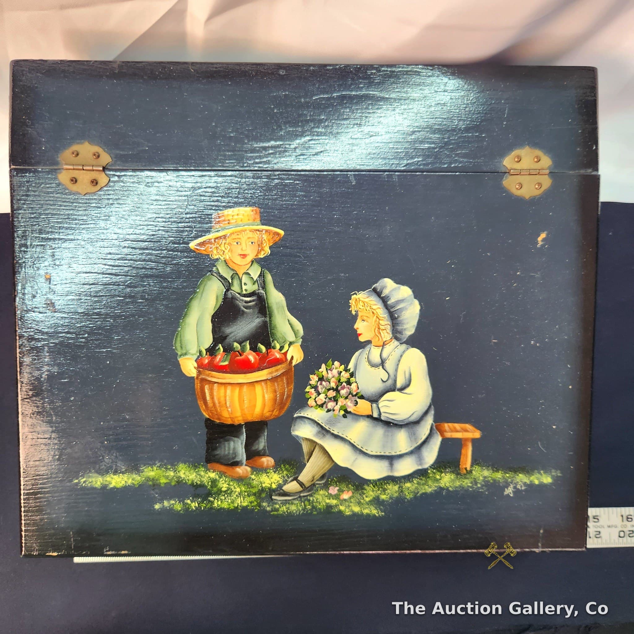 Vintage Folk Art Painted Wood Keepsake Box, Navy