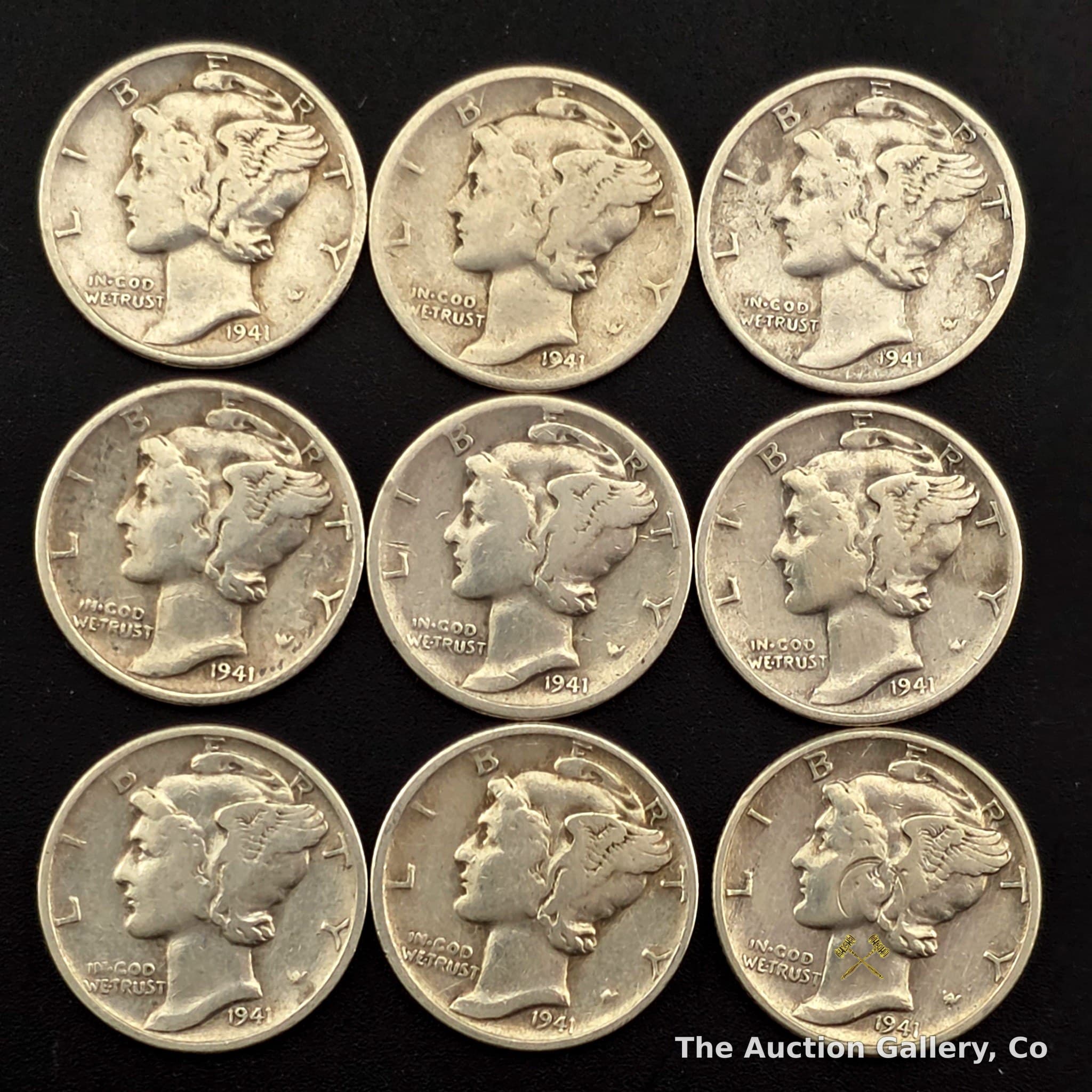 1941 Mercury (Winged Liberty) Dimes, 90% Silver, Lot of 9