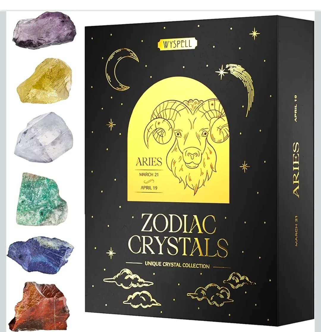 Wyspell Aries Crystal Set - 6 Raw Aries Crystals and Healing Stones - Zodiac Gifts for Women - Aries Healing Gifts - Aries Birthday Gifts - Astrology Gifts - Zodiac Crystal Set