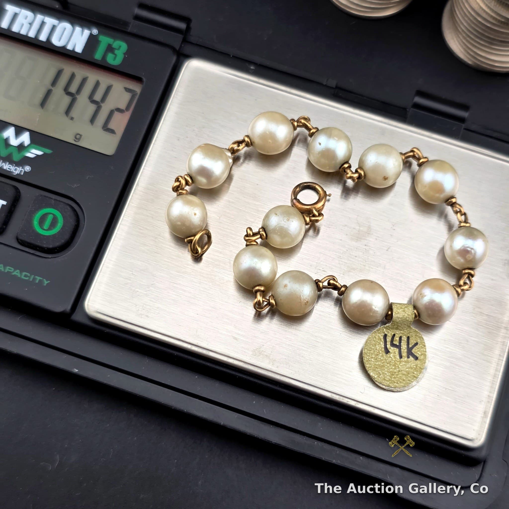 Vintage 14K Gold Cultured Pearl Wire-Link Bracelet, Estate