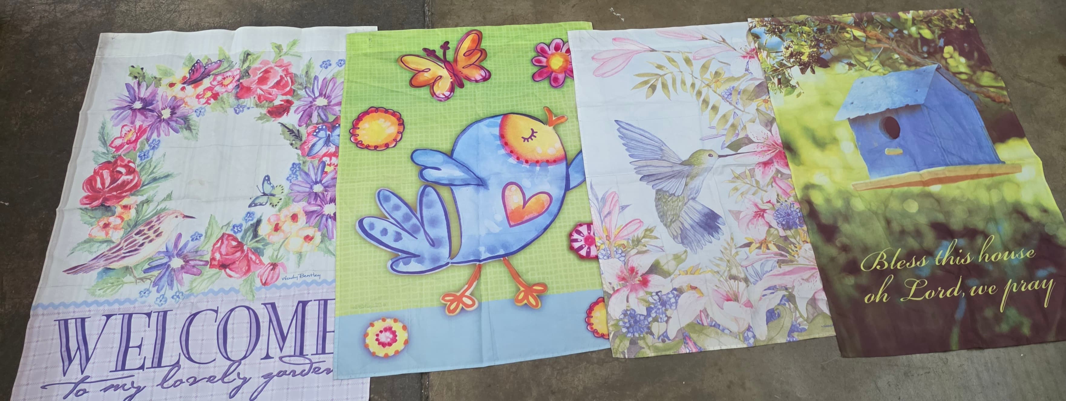 Set of 4 Large Spring Garden Flags, Birds & Florals