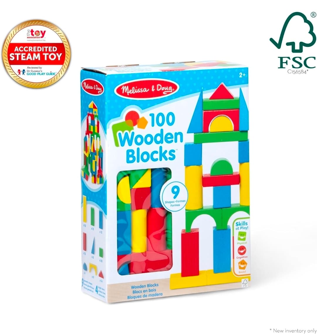 Melissa & Doug Wooden Building Blocks, 100-Piece Set of Sorting & Stacking Toys in 4 Colors and 9 Shapes, Classic Toddler Toys for Girls & Boys Ages 2+ - FSC Certified