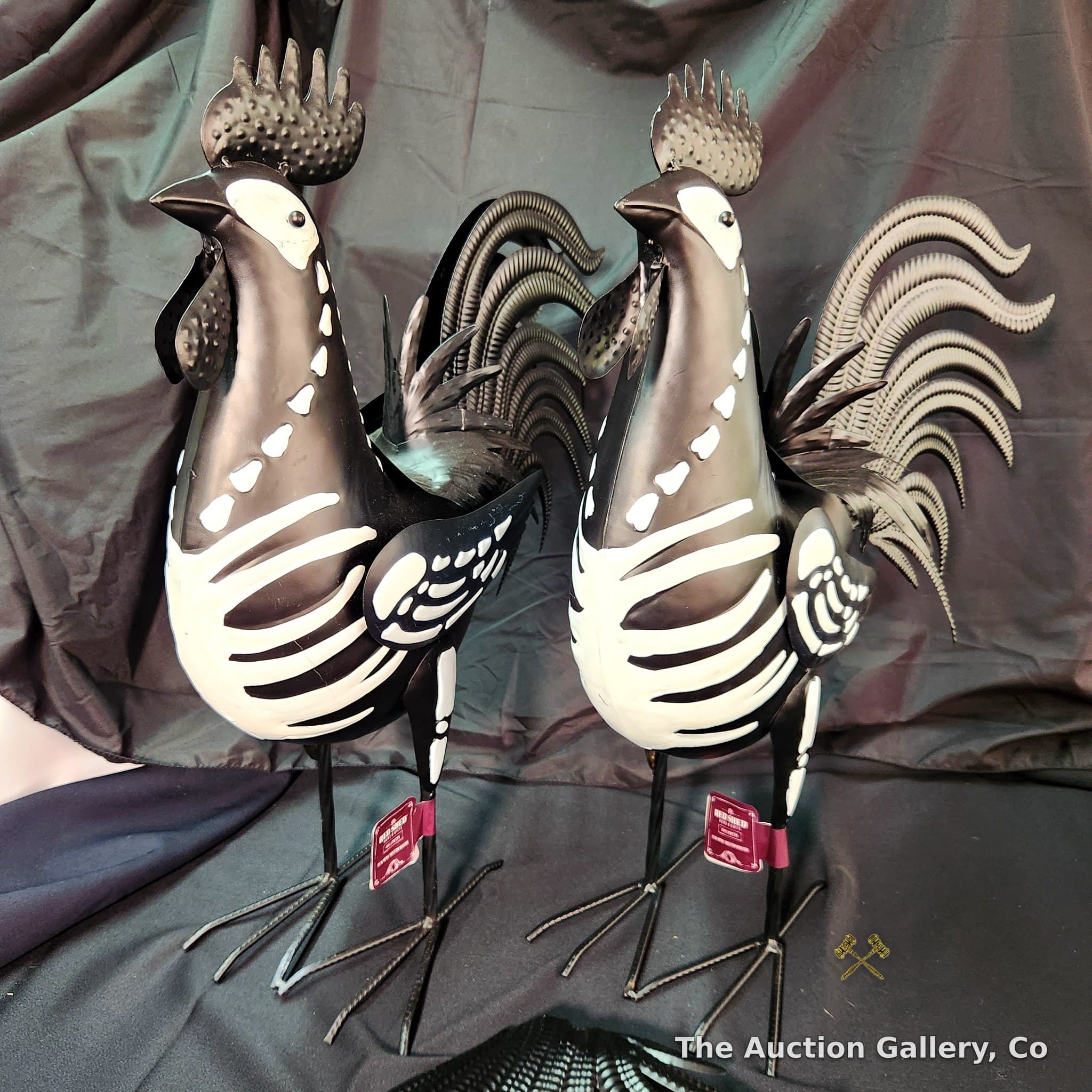 Red Shed Skeleton Rooster Metal Figurines, Set of 2