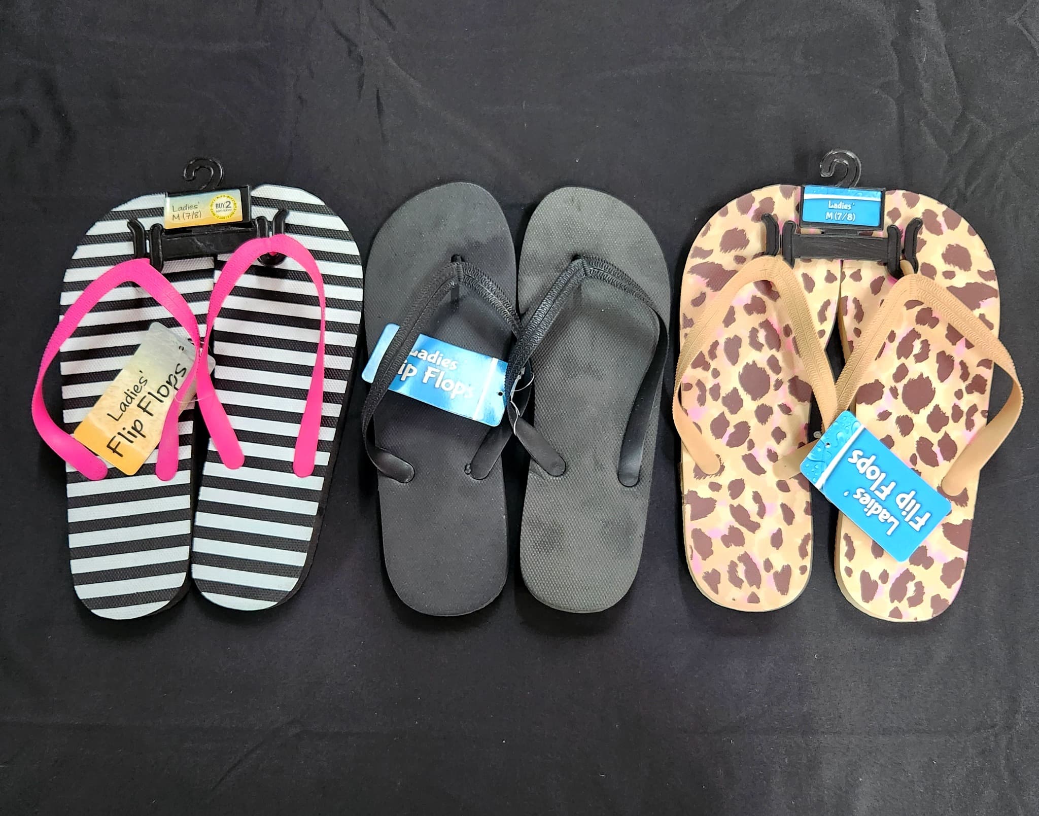 3 Pairs Ladies' Flip Flops, Size Medium (7/8), New