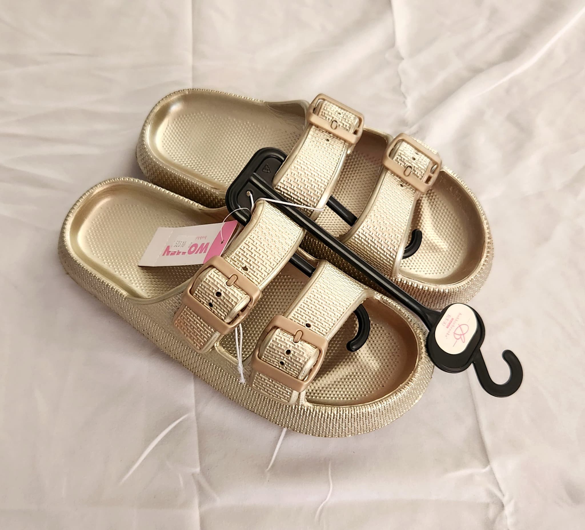 Women's Gold Double-Buckle Slide Sandals, Size 5/6