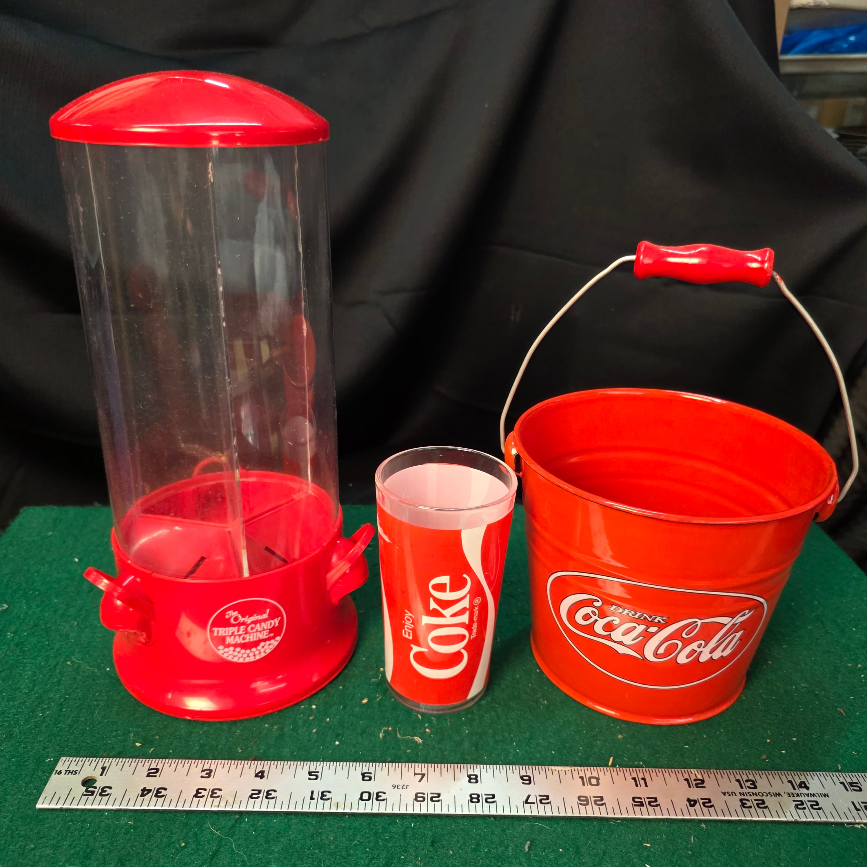 Coca-Cola & Candy Dispenser Collectibles Lot โ Triple Candy Machine, Glass, Bucket