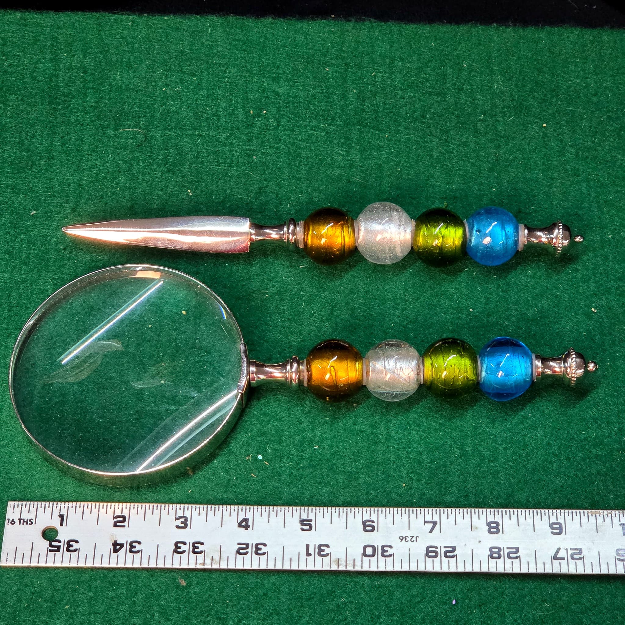 Vintage Glass Bead Handle Magnifying Glass & Letter Opener Set