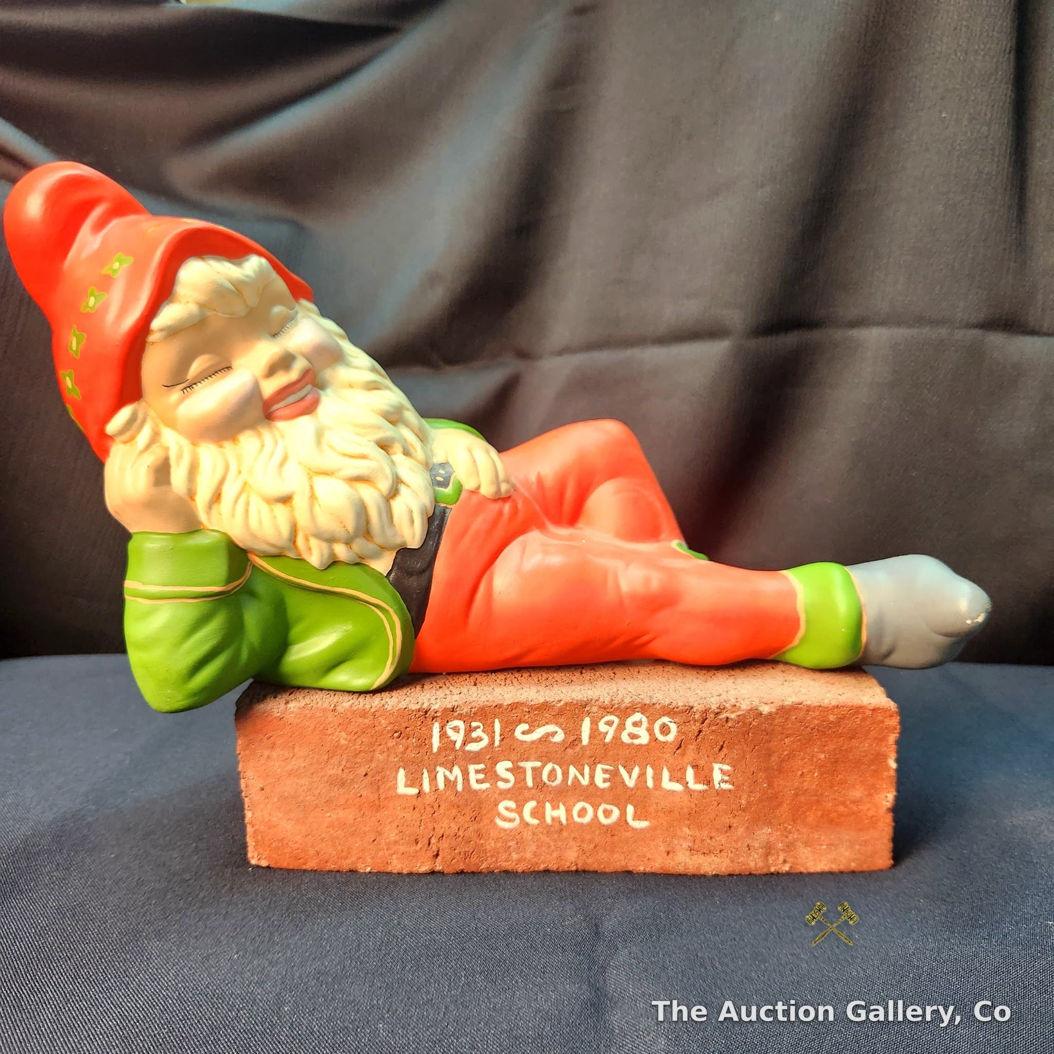 Vintage Sleeping Gnome Figurine on Limestoneville School Brick