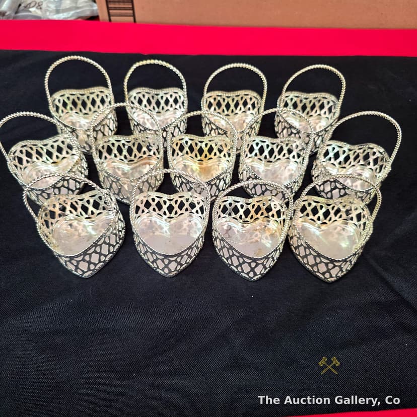 Set of 12 Silver-Tone Heart Basket Favors, New