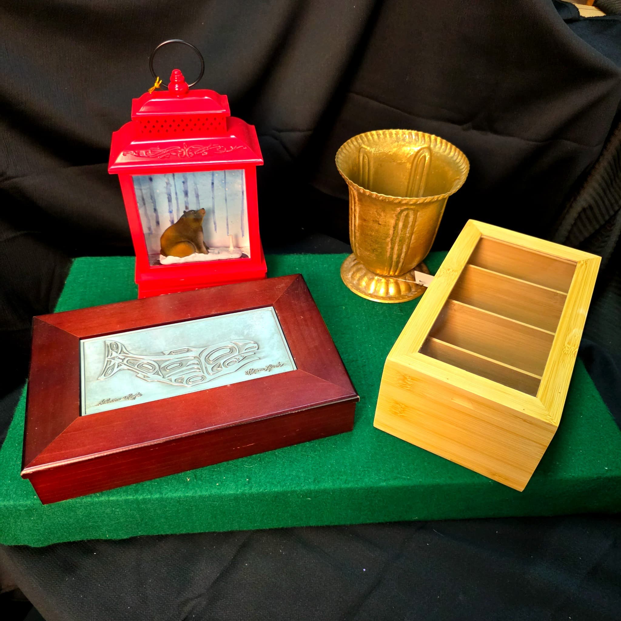 Mixed Decor Lot of 4 โ Bear Lantern, Metal Planter, Wood Box, Bamboo Organizer